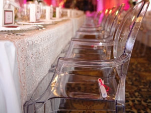 Event tables and Clear ghost chairs with arms