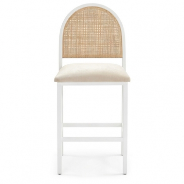 Hollis Stool White Cane - Ivory Velvet Cushion for Rent