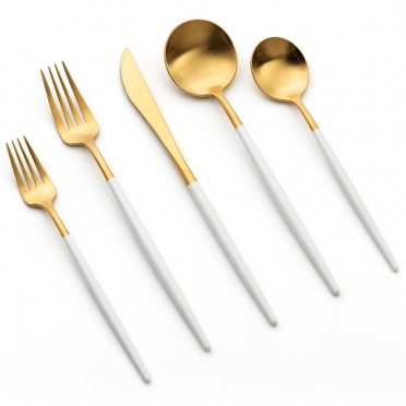 Vera Gold White Handle Flatware for Rent